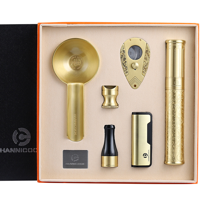 Luxury Gold 6 In 1 Set Portable Cigar Cutter Cugar Ashtray Cigar Stand Cigarette Holder Gift Set