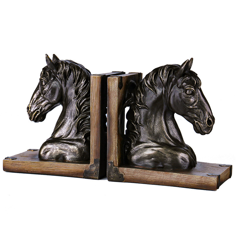 2022 POLYRESIN ANIMAL ANTIQUE BRONZE WHITE ARTIFICIAL HORSE HEAD HOUSE TABLE TOP DECORATIVE BOOKEND SET STATUE SCULPTURE GIFT