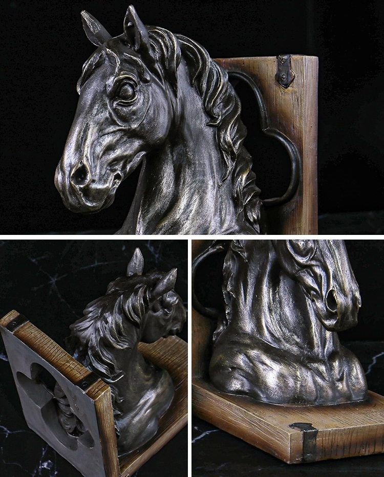 2022 POLYRESIN ANIMAL ANTIQUE BRONZE WHITE ARTIFICIAL HORSE HEAD HOUSE TABLE TOP DECORATIVE BOOKEND SET STATUE SCULPTURE GIFT