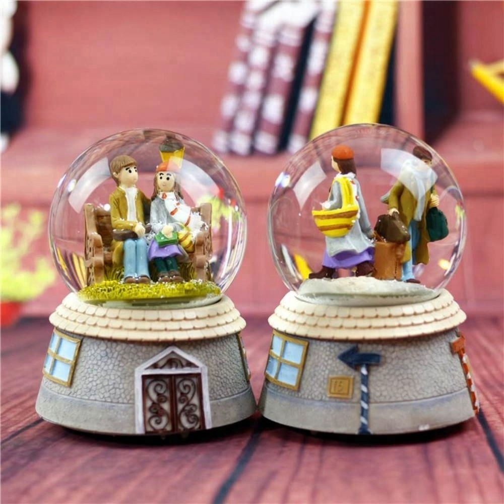 Hot Sell 80/100mm City of Sky Snow Globe Music Box with Light and Snow Pump Lovers Crystal Ball forDecoration