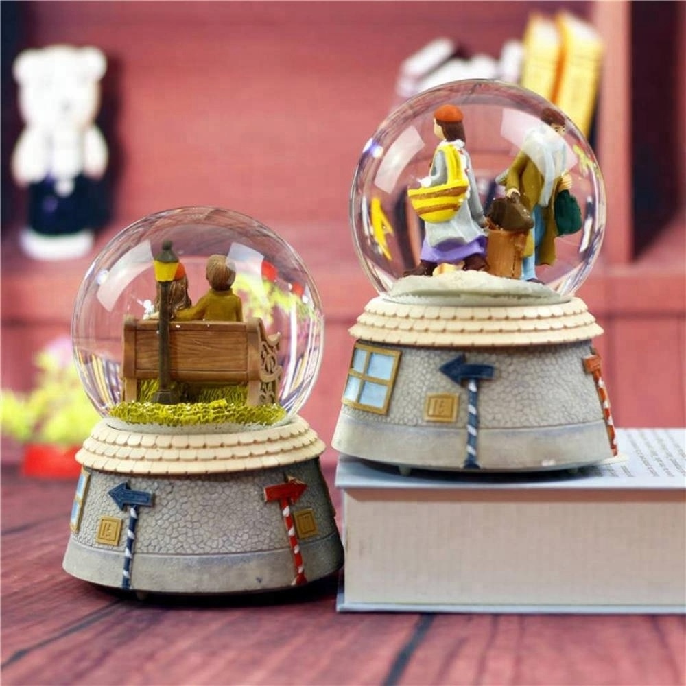 Hot Sell 80/100mm City of Sky Snow Globe Music Box with Light and Snow Pump Lovers Crystal Ball forDecoration