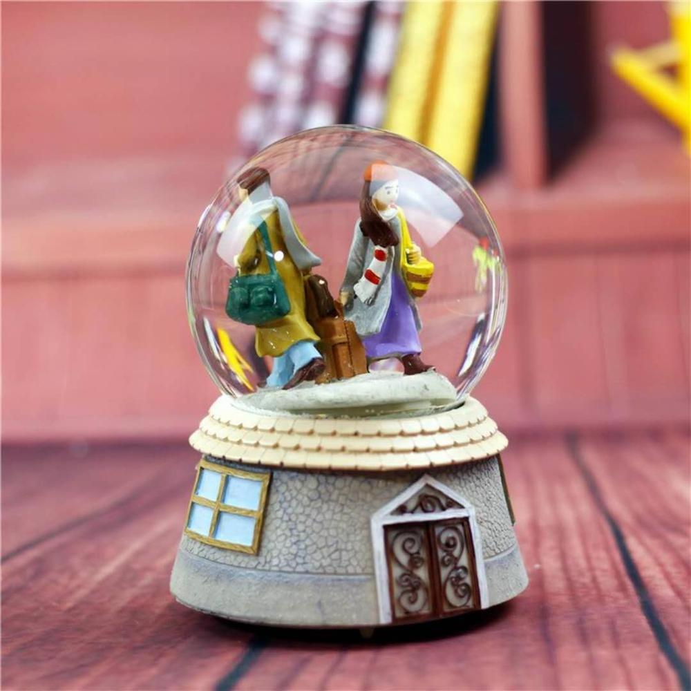 Hot Sell 80/100mm City of Sky Snow Globe Music Box with Light and Snow Pump Lovers Crystal Ball forDecoration