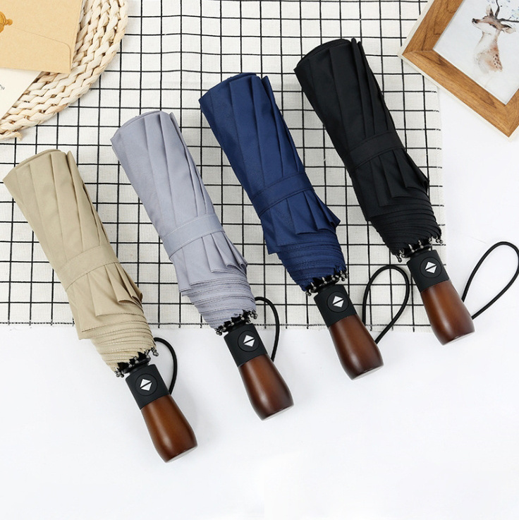 Multi Color Custom Logo Wooden Handle Compact 3 Folding Umbrella Automatic Sun And Rain Sombrilla Parapluie Umbrella For Outdoor