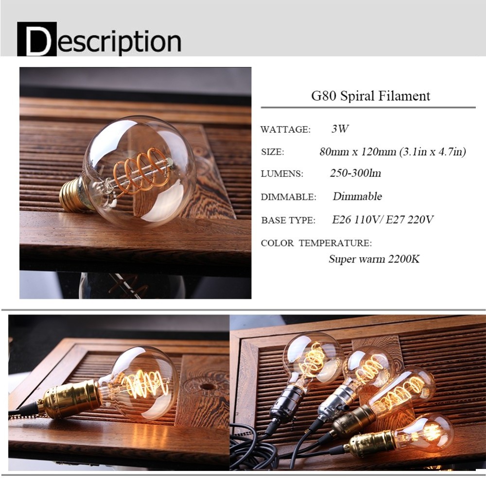 Dimmable E27 220v Spiral Filament Led Edison G80 Globe Bulb 3W Amber Glass 2200k Led E26 110v Decorative Lights Lamp