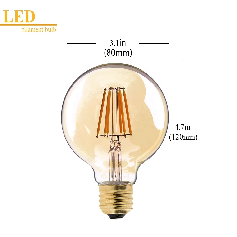 Custom OEM ODM 4W 6W 110V 220V E26 E27 Dimmable G80 Gold Tint LED Filament big round Light Bulbs Vintage Edison Bulb chandeliers