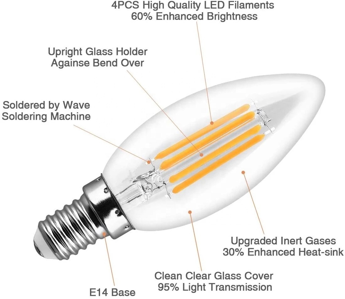 Candelabra Base E12 E14 110V 220V 3W 4W 6W LED Vintage Edison Bulb C35 Candle Light Incandescent Led Filament Bulb