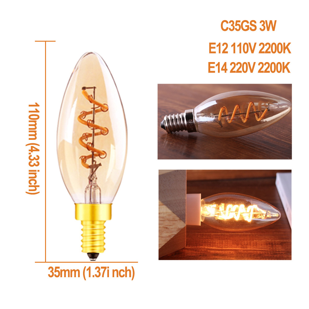 CE ROHS E12 E14 Candelabra Base Dimmable T25 C35 C32 110V 220V 3W LED Filament Bulbs for Chandelier Home Lighting