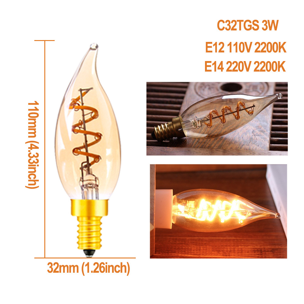 CE ROHS E12 E14 Candelabra Base Dimmable T25 C35 C32 110V 220V 3W LED Filament Bulbs for Chandelier Home Lighting