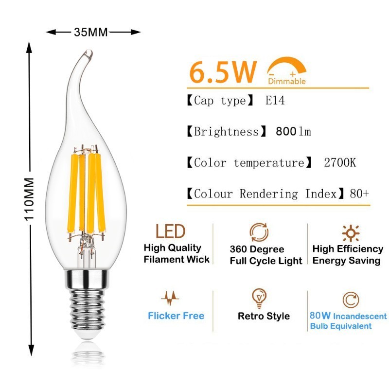 Dimmable Candelabra Led Light C35 Candle Bulb Flame Tip Shape 80W Equivalent 2700K Warm White E14 High Lumens Filament Bulb