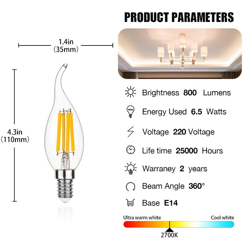 Dimmable Candelabra Led Light C35 Candle Bulb Flame Tip Shape 80W Equivalent 2700K Warm White E14 High Lumens Filament Bulb