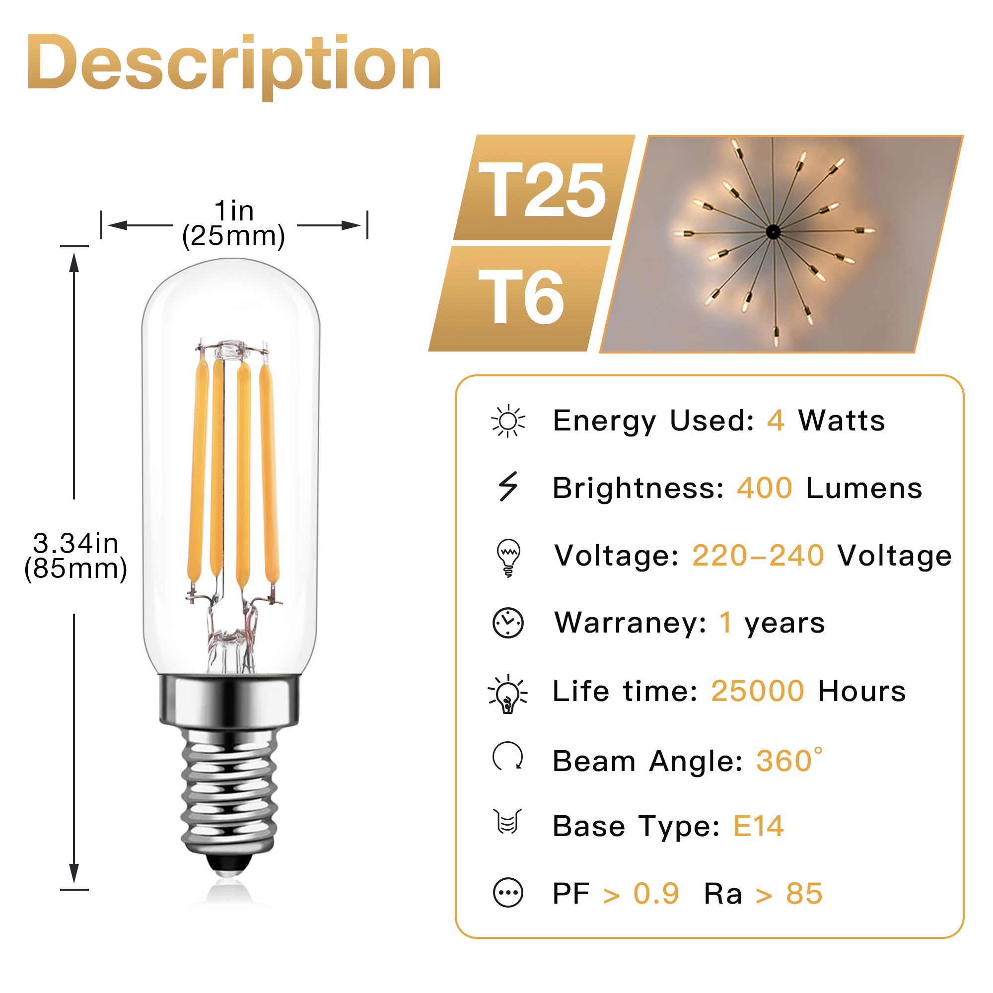 LED T25 4 Watt Dimmable Edison Pendant Light Bulbs Equivalent to 40W Incandescent Bulb Thread Lamp LED Filament Bulb