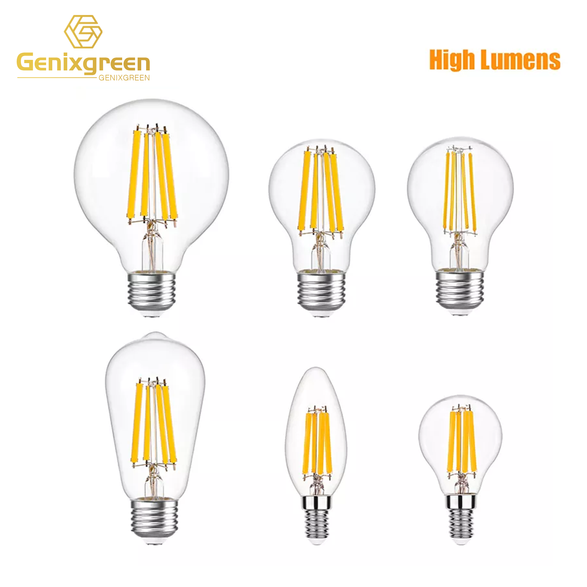 Genixgreen High Lumens LED Filament Bulb Dimmable Lamp Bulb E27 2700K Energy Saving Edison Incandescent OEM LED Bulb