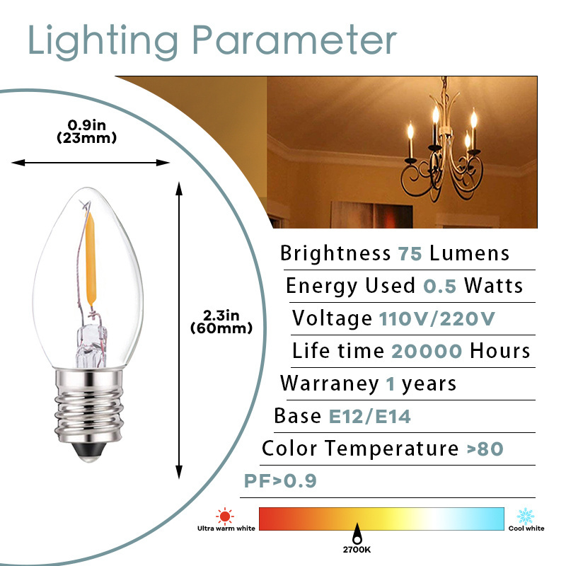 C7 LED Bulbs 0.5 Watts Filament Night Light Bulbs E12 Candelabra Clear Glass Candle Bulb Warm White 2700K Led