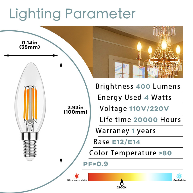 2W 4W 6W LED Filament Candle Led Light Bulb E12 E14 2700K Warm White C35 Clear Glass Dimmable Edison LED Chandelier Led Light