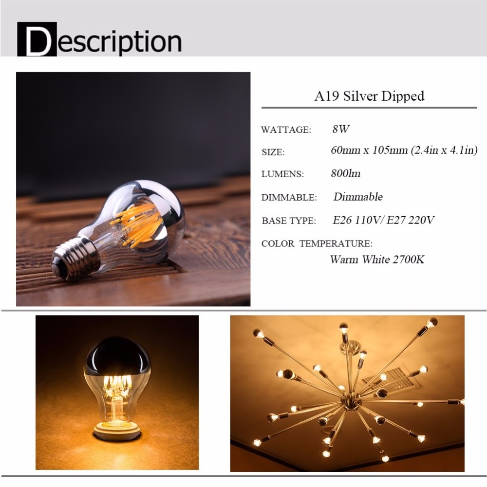 Hot Sale Dimmable Led Bulb E27 8W 220V Top Half Silver E27 4W A60 Reflector Filament Bulb Led E26 110V A19 Decorative Light Bulb