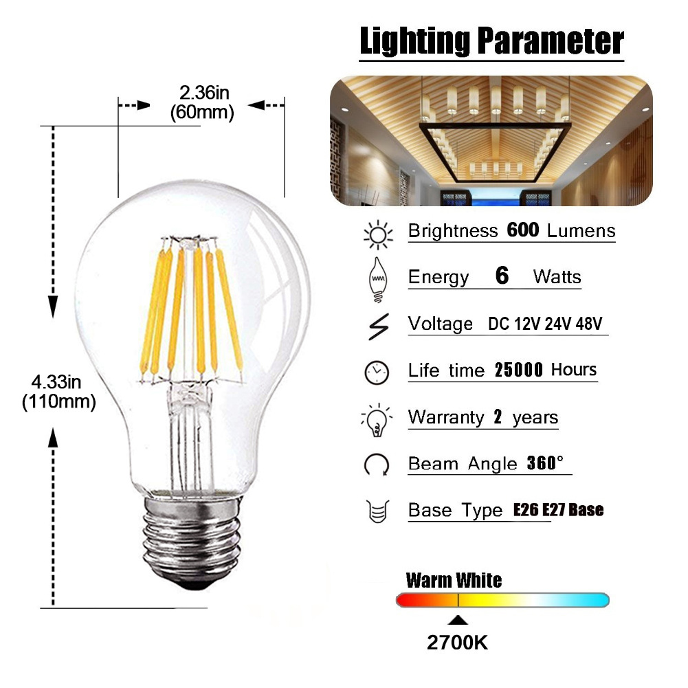 DC 12V 24V Led A19 A60 Filament Bulb Low Voltage 6W Globe Led Light Daylight White 4500K Warm White 2700K E27 E26 light bulb