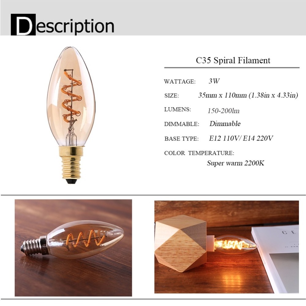 Led Bulbs Price List C35 Led Edison Candle Bulb Dimmable E14 Led Spiral Filament Light Warm Yellow 2200k 3W Ampoule Light Bulbs