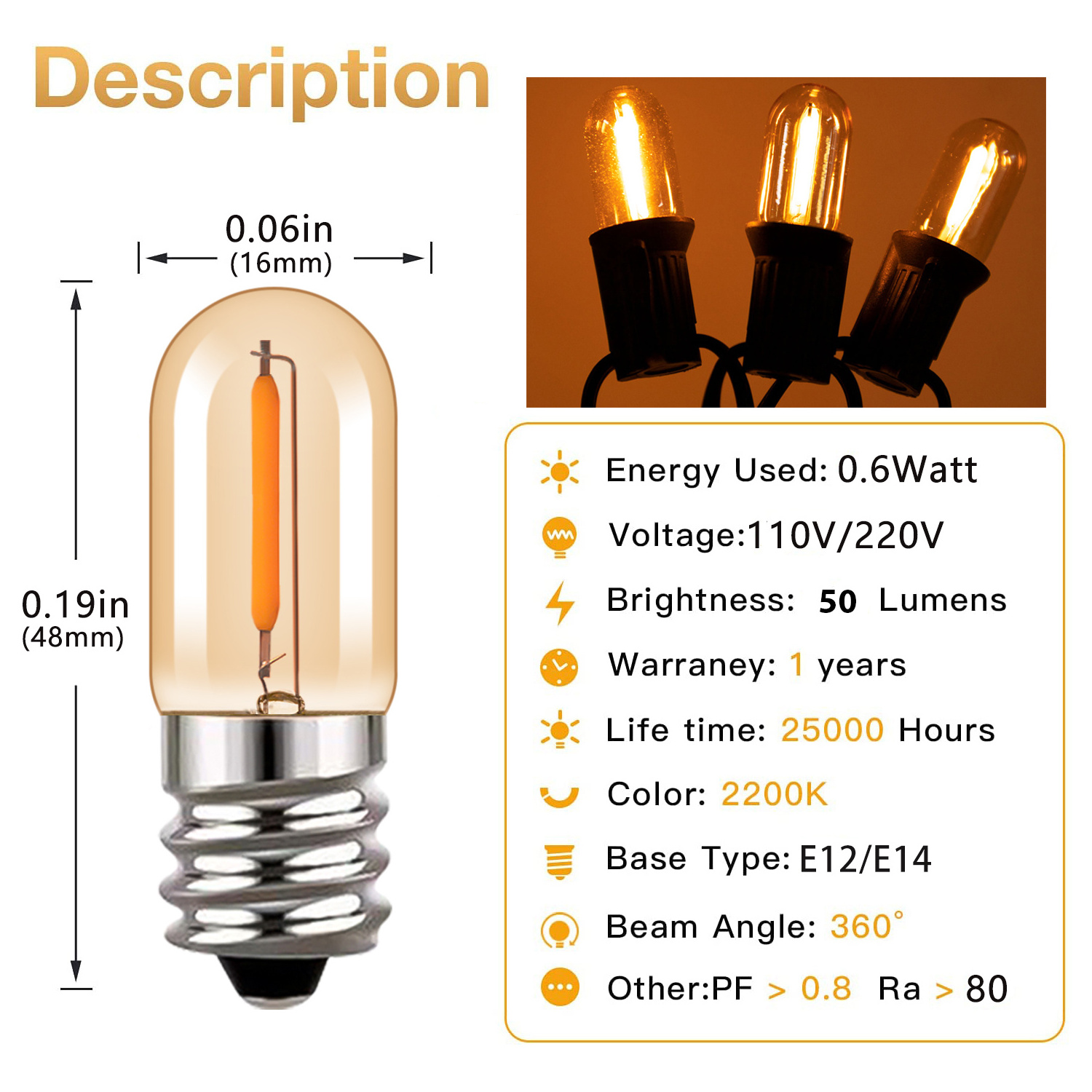 Dimmable E12 Led Filament Night Lamp T16 0.6W E14 Candelabra Warm White 2200K Amber Glow 220V LED Candle Lamps Electric Bulb