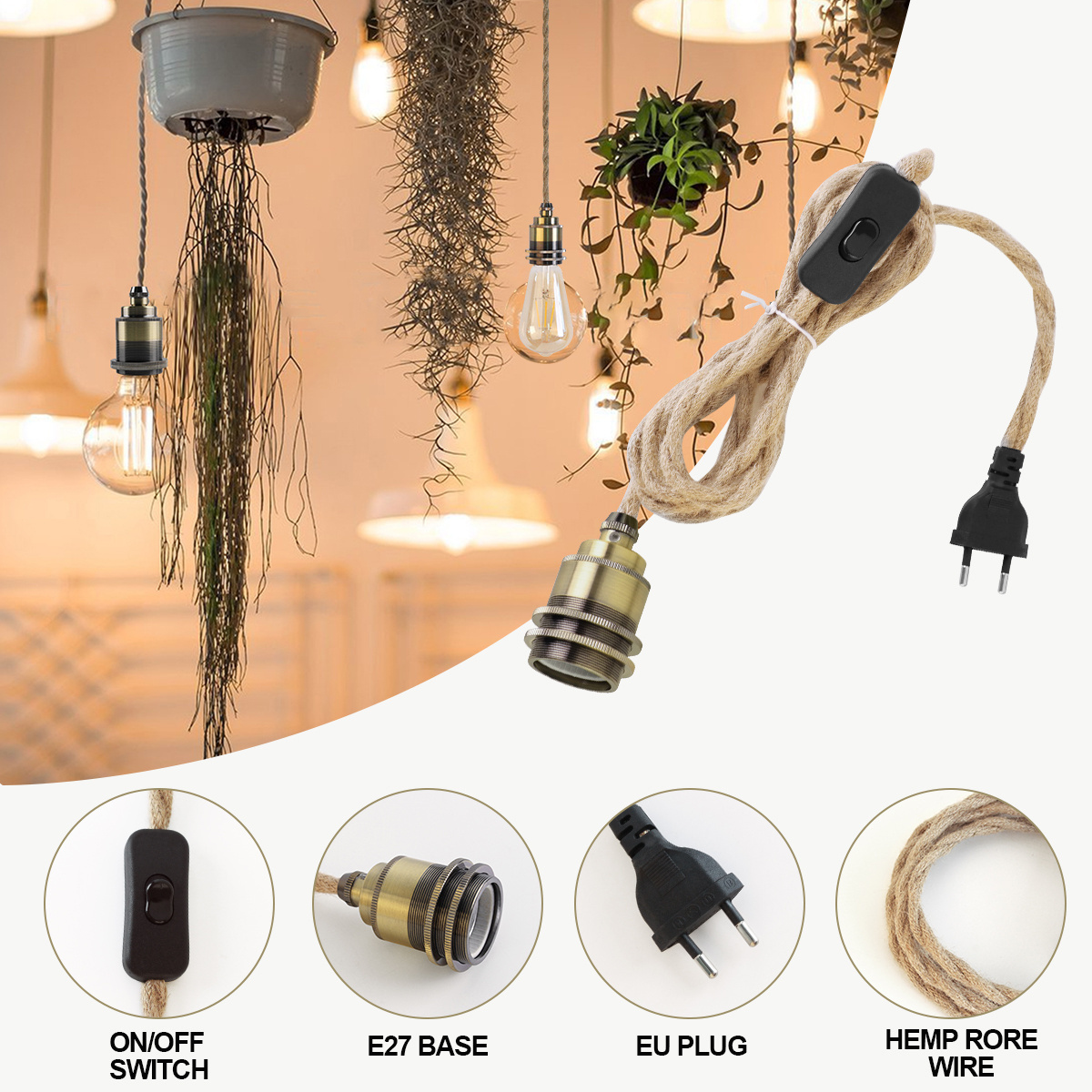 Hemp rope twisted pair plug wire pendant lamp retro woven belt button switch E27 European standard decorative pendant lamp lamp