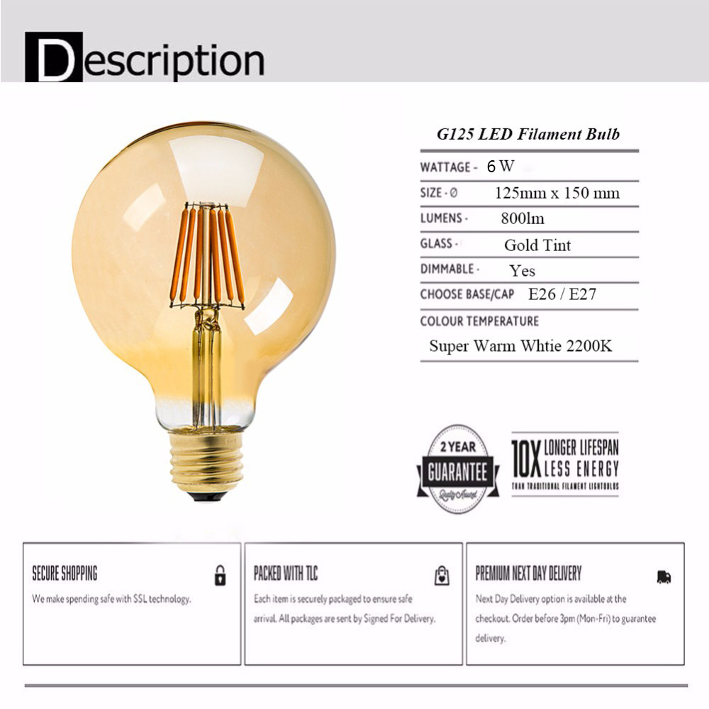 OEM Vintage LED ODM E26 E27 Filament Light Bulbs 110V 220V 4W 6W 8W 2200K Retro Big Bulb Incandescent Globe Led Lighting Lamp