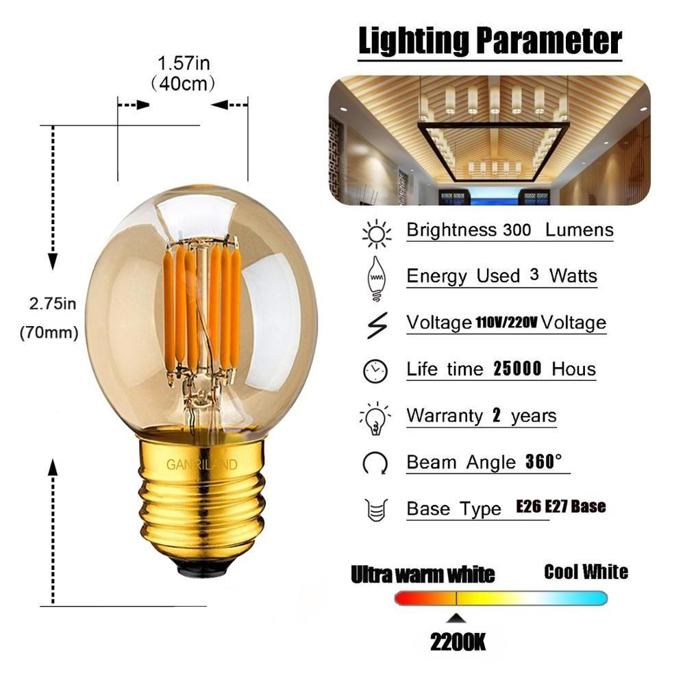 G40 Mini Globe LED Light,3W 2200K,Dimmable Waterproof  Vintage Edison LED Filament Bulb,E26 E27 Base