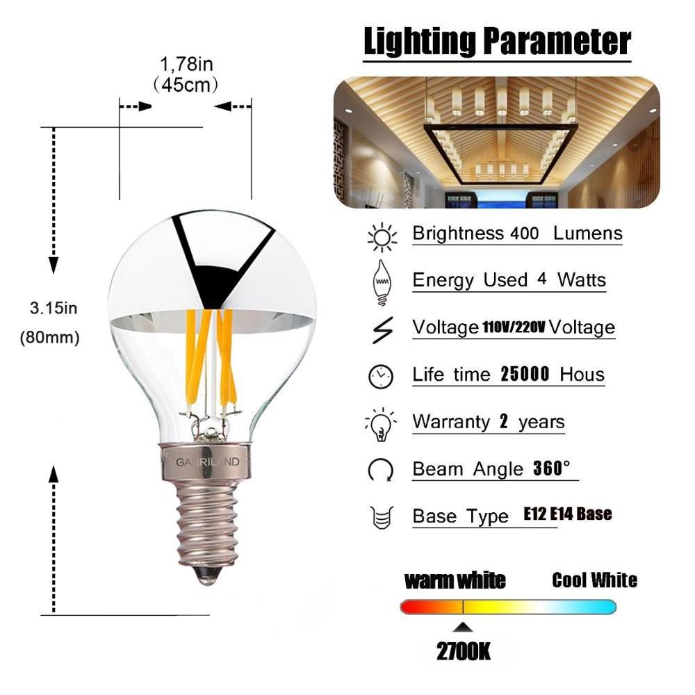 Warm white 2700K 4W E12 E14 Base Sliver Bowl half mirror chrome Dimmable G45 Globe LED Filament Light Bulb