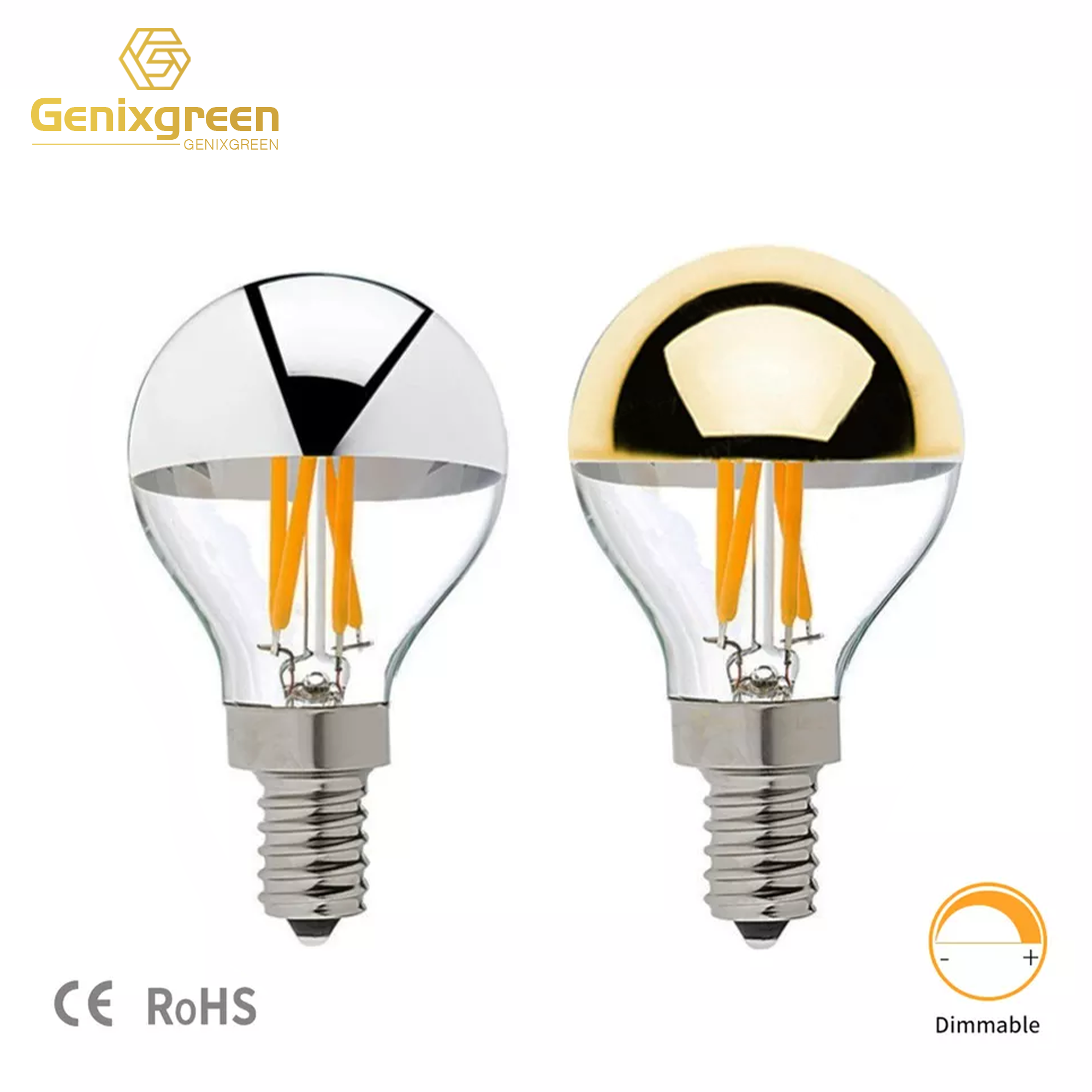 Warm white 2700K 4W E12 E14 Base Sliver Bowl half mirror chrome Dimmable G45 Globe LED Filament Light Bulb