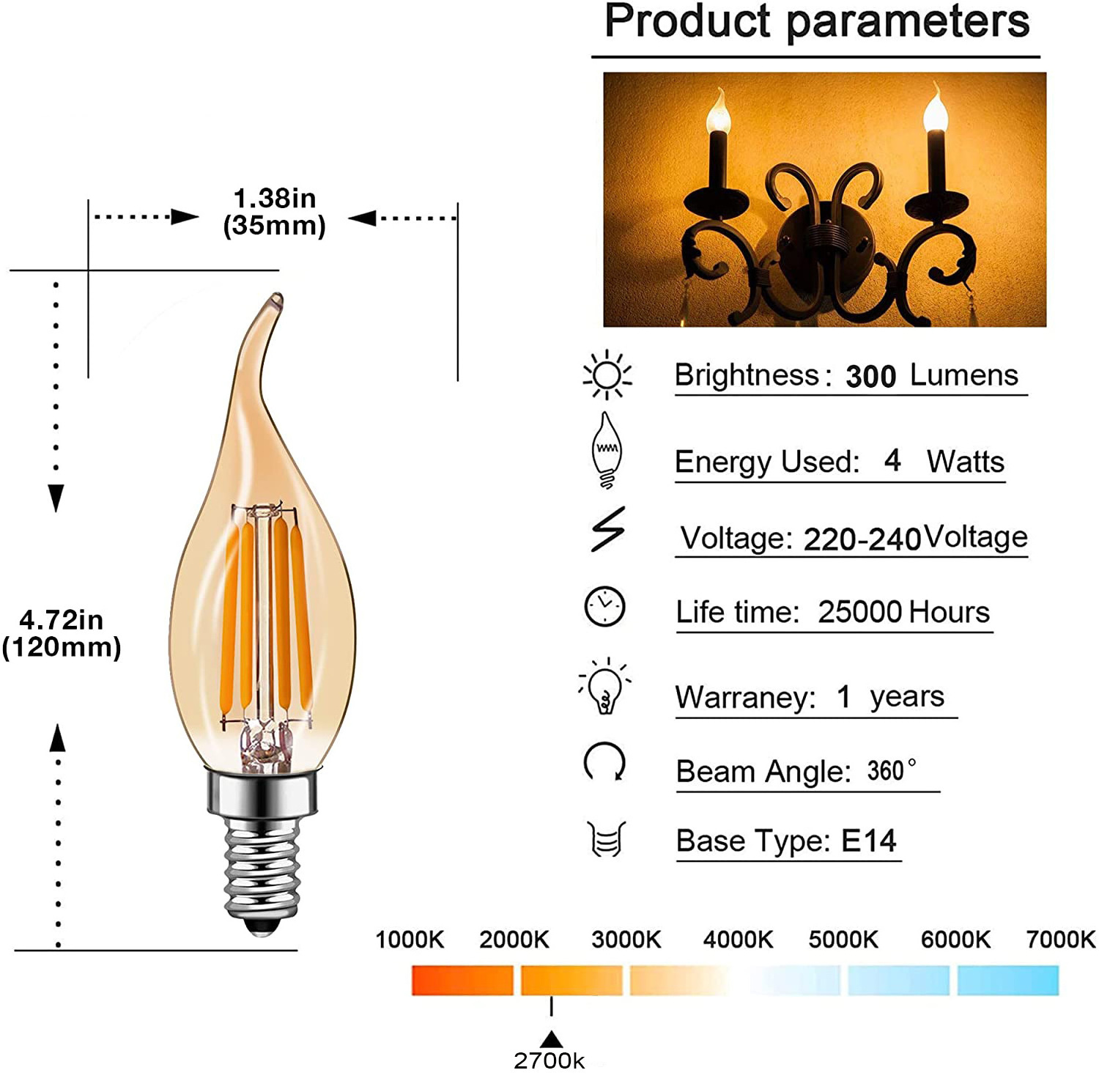 C35 Candle Bulb 4W Dimmable Led Filament Bulb E12 E14 Candelabra Base Flame Shape Bent Tip Lamps For Chandelier Light