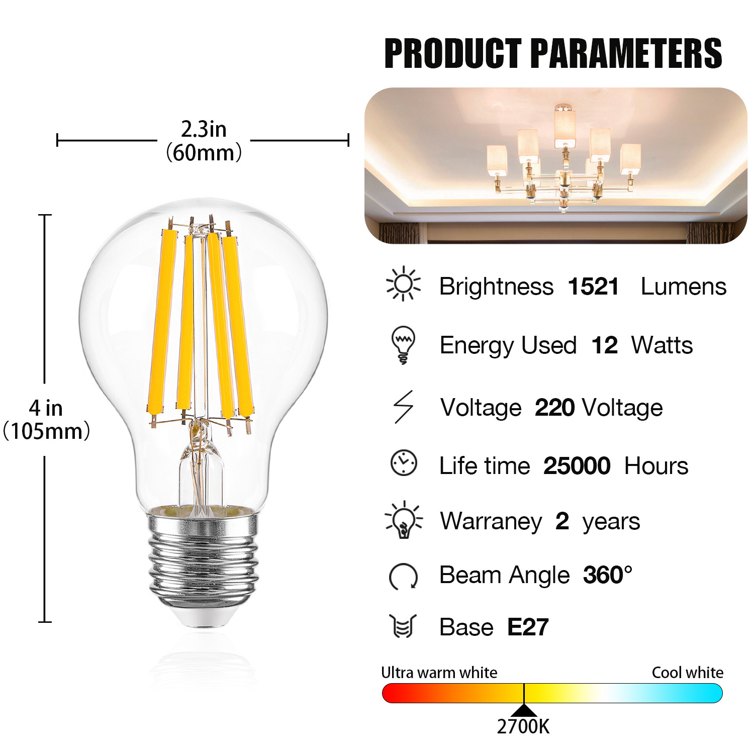 Vintage Edison A60 A19 E27 Edison LED Bulbs 1521LM Dimmable LED Filament Retro Lamp 12W Replacement for 100W Incandescent Bulb