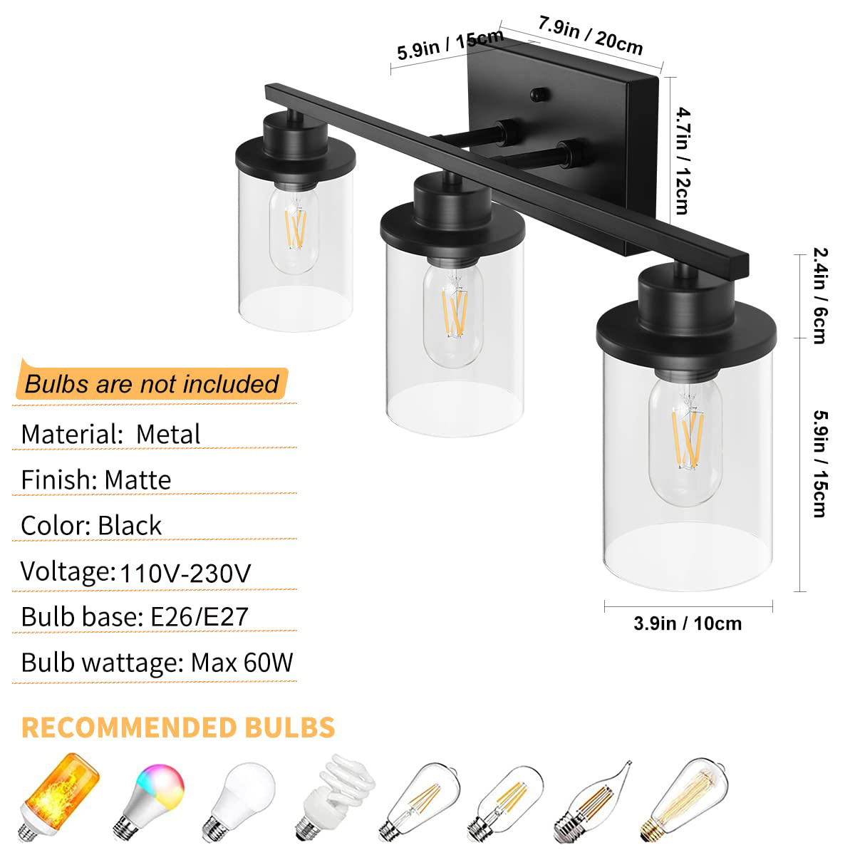 3 Light Vanity Lights, Wall Sconce Light with Clear Glass, Bathroom Light Fixtures E26/E27 Base (Bulbs Not Included)