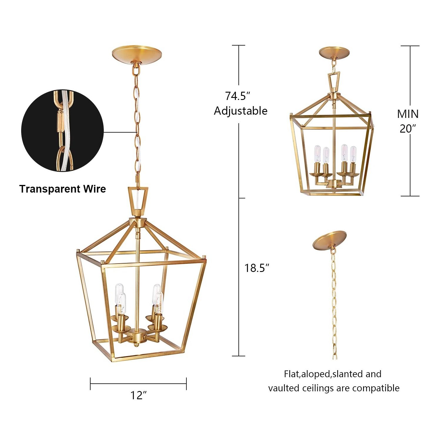 4-Light Lantern Pendant Light for Kitchen Island Farmhouse Iron Chandelier Adjustable Chain Hanging Lighting Fixture E12 Base