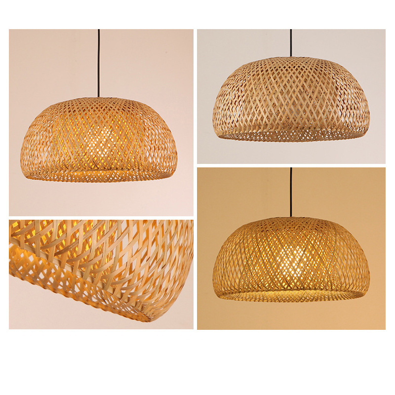 Round Wooden Lampshade Height Adjustable Ceiling Light for Bedroom E27 Retro Pendant Light Bamboo Rattan Hand Woven Chandelier