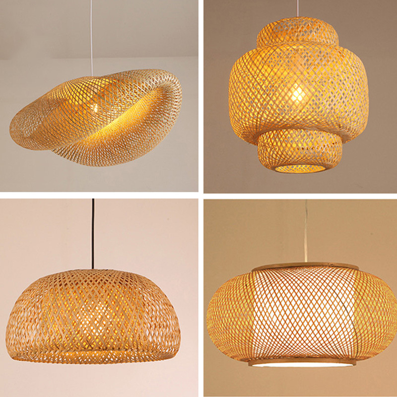 Round Wooden Lampshade Height Adjustable Ceiling Light for Bedroom E27 Retro Pendant Light Bamboo Rattan Hand Woven Chandelier