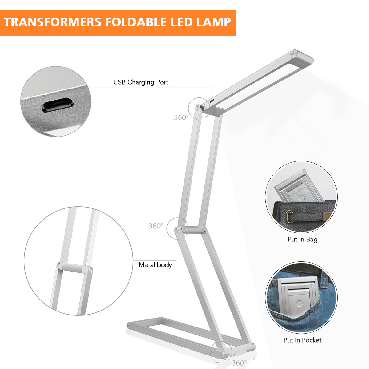 Four-segment Folding Rechargeable Table Lamp Metal Night Light Telescopic Portable Eye Protection Reading Table Lamp