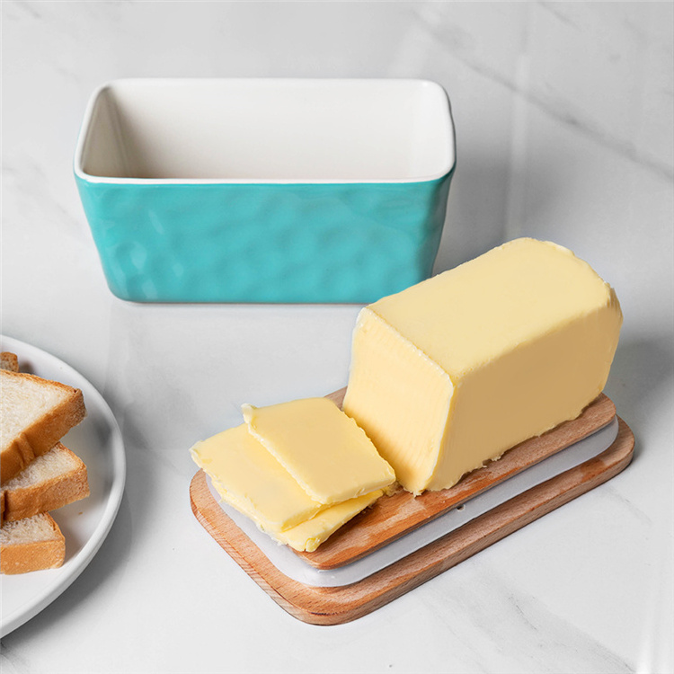 Wholesale Butter Cheese Dish Customized Rectangle Butter Storage Dish With Airtight Bamboo Lid Ceramic Butter Box Container