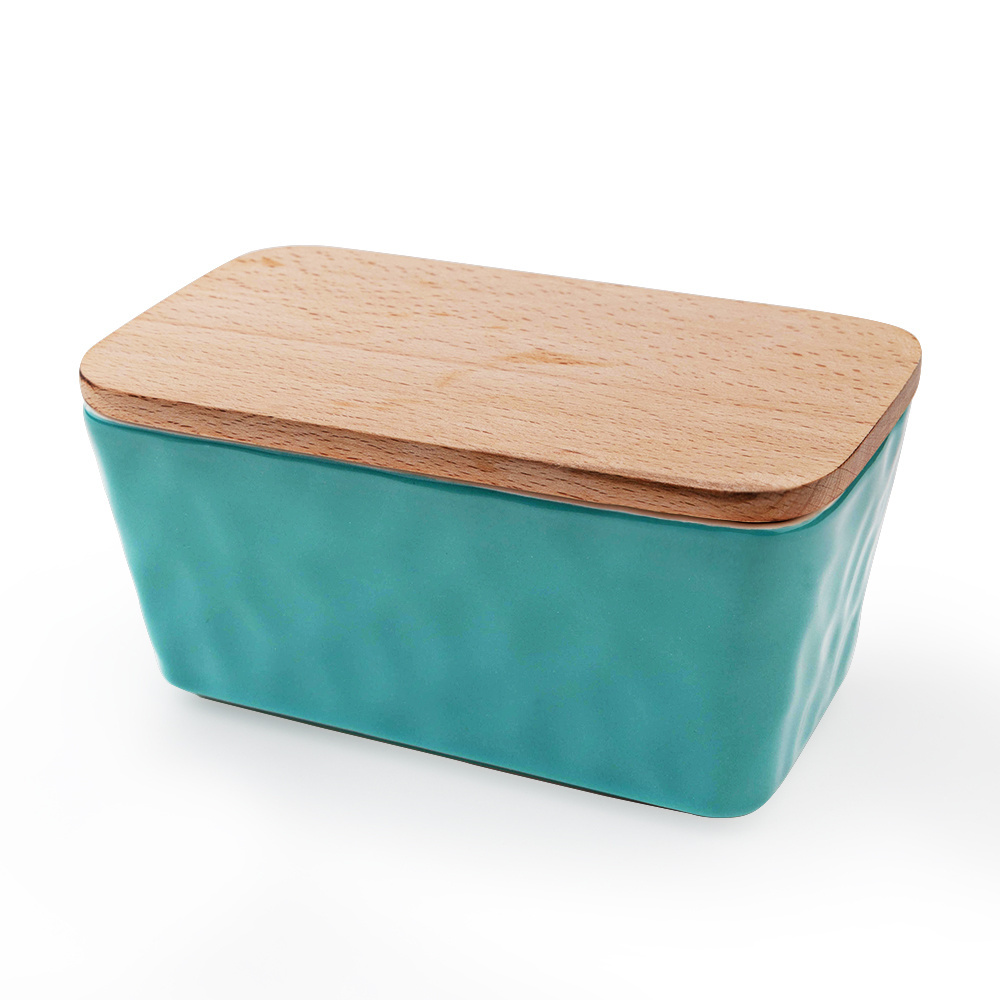 Wholesale Butter Cheese Dish Customized Rectangle Butter Storage Dish With Airtight Bamboo Lid Ceramic Butter Box Container