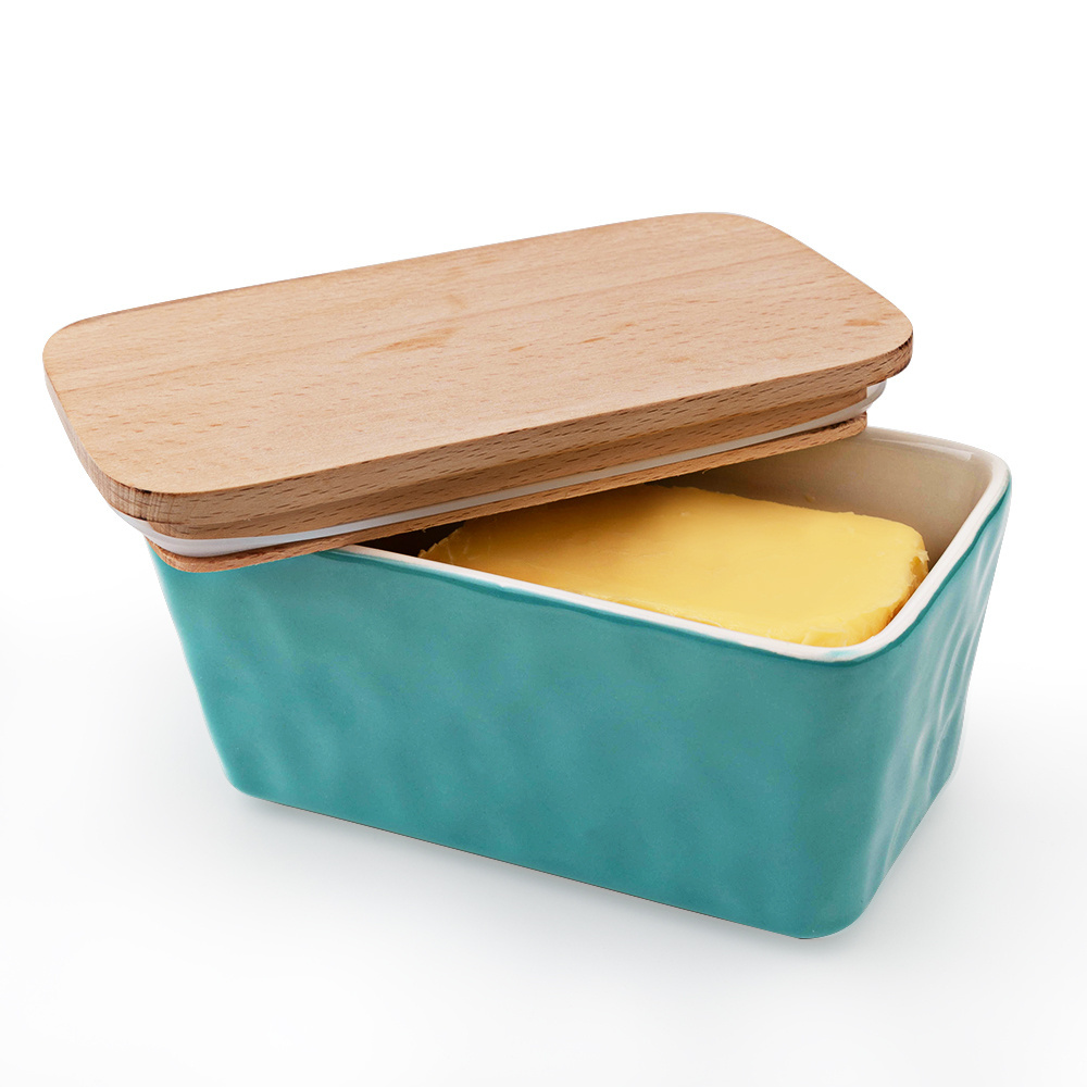 Wholesale Butter Cheese Dish Customized Rectangle Butter Storage Dish With Airtight Bamboo Lid Ceramic Butter Box Container