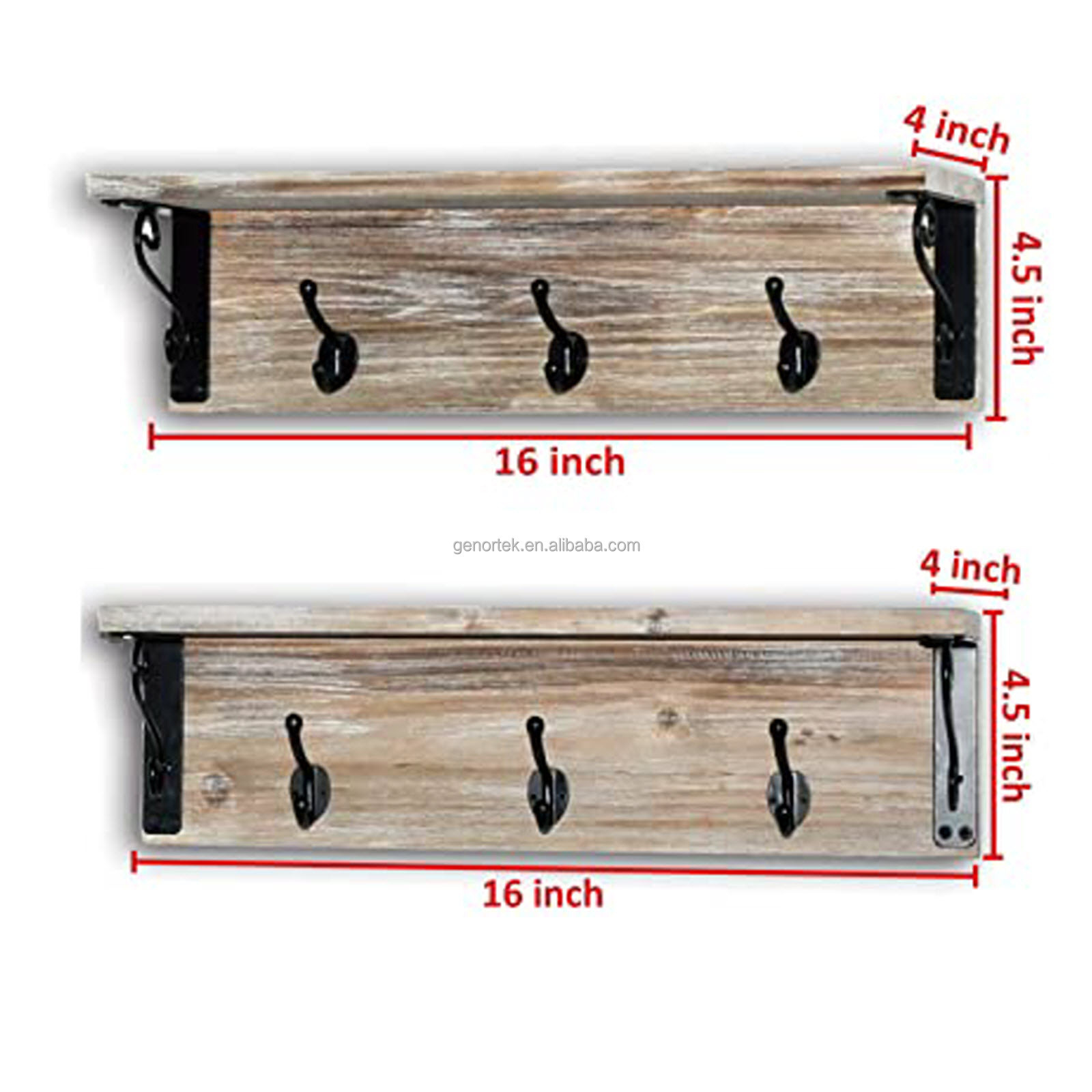 Set of 2 Wall Mount Wooden Floating Shelves with Metal Hookssolid wood key rack