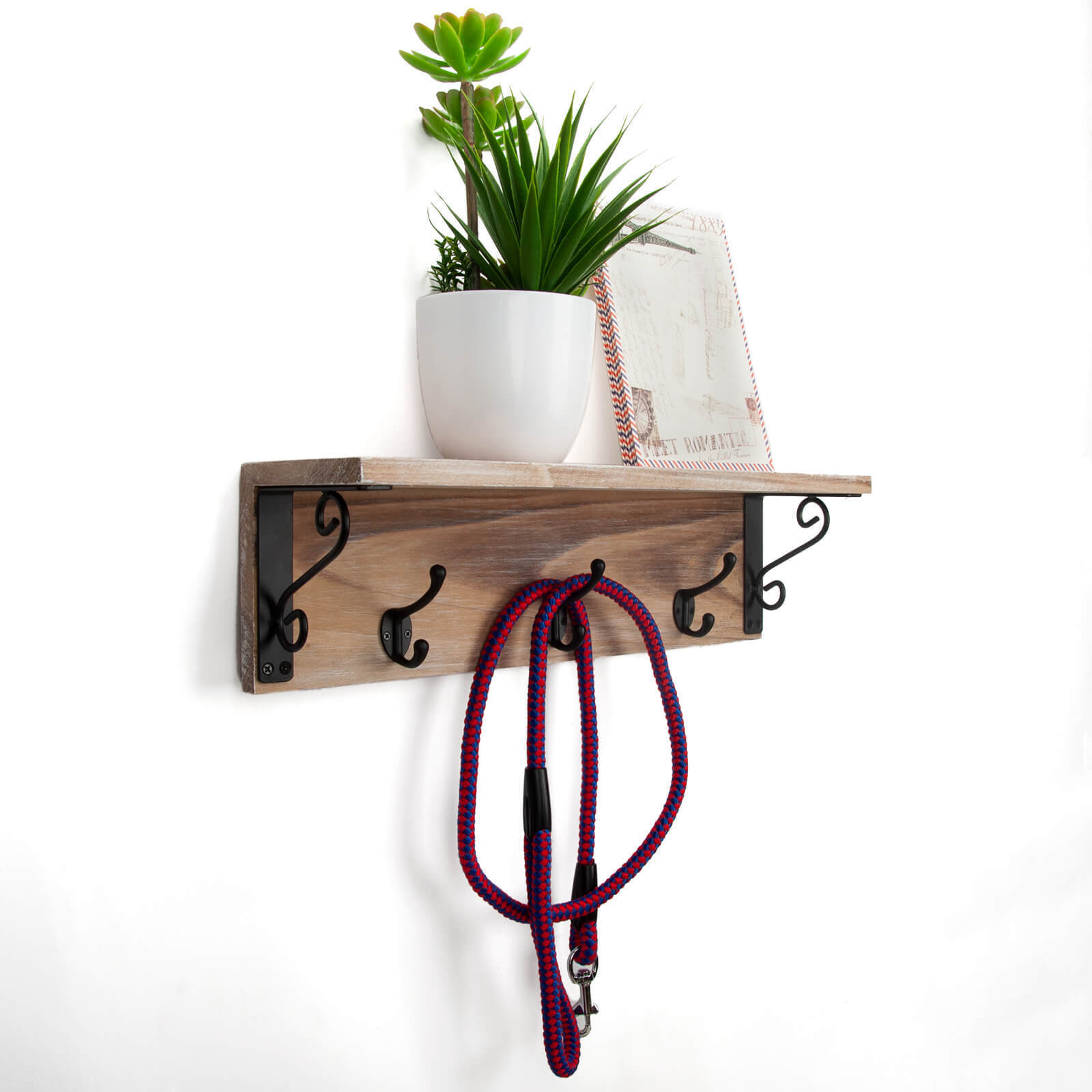 Set of 2 Wall Mount Wooden Floating Shelves with Metal Hookssolid wood key rack