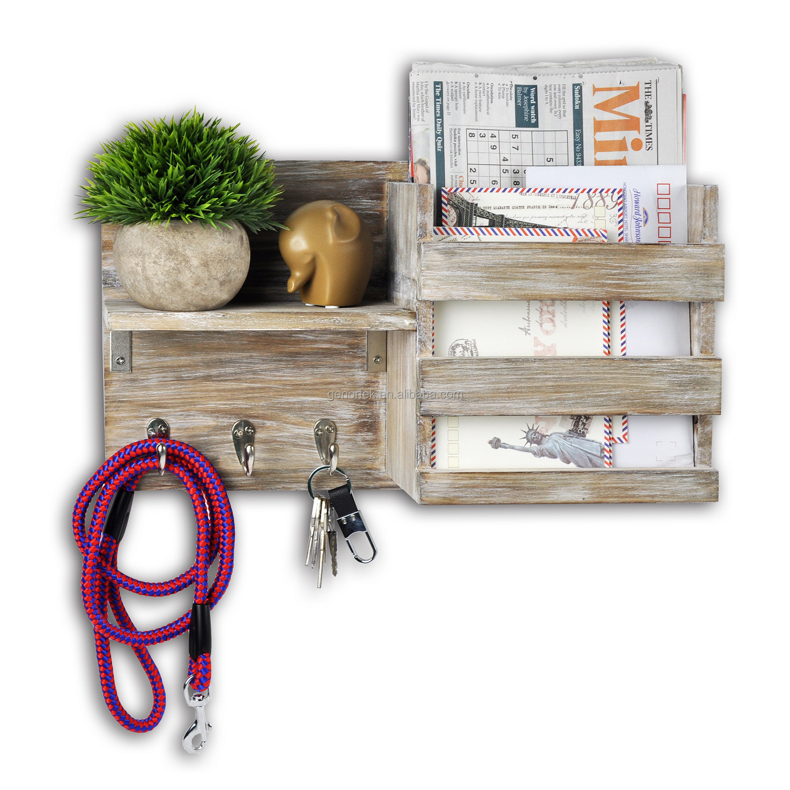 Customizable Multifunctionalo Distressed Entryway Wall Mounted Wood Mail and Keys Holder