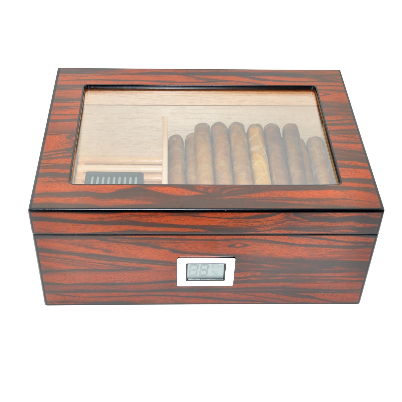 75-100 Count Tempered Glass Top Digital Hygrometer Spanish Cedar Wood  Desktop Macassa Cigar Case Wooden Cigar Humidor