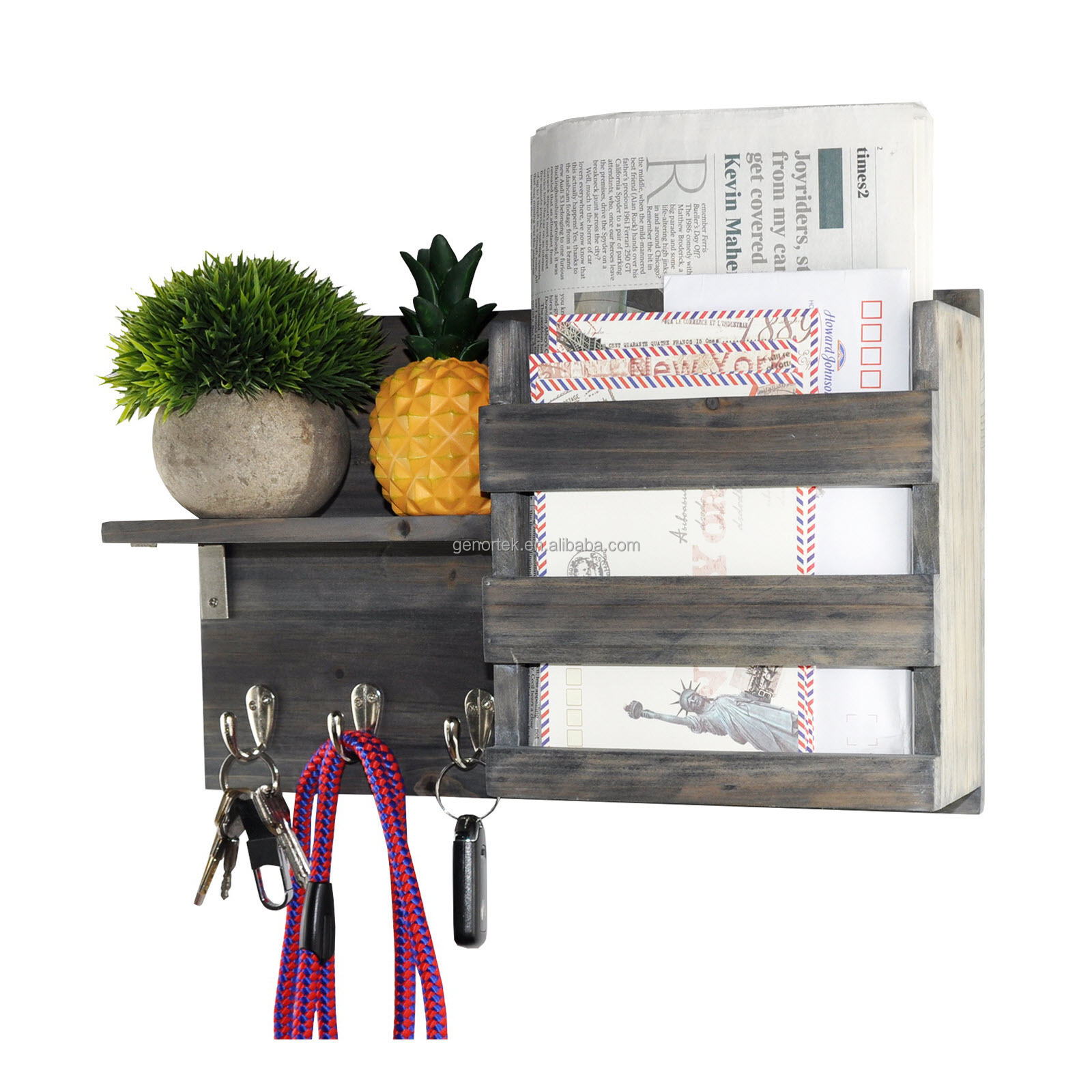 Wall Mounted Solid Wood Multi-purposes Shelf Wooden Multifunctional Keys and Mail Organizer