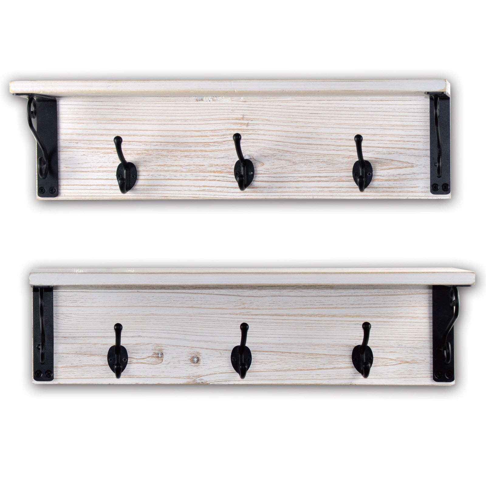 Set of 2 Solid Wood Coat Hat  Hook Hanger Wall Mounted Floating Shelves With Durable Metal Hooks