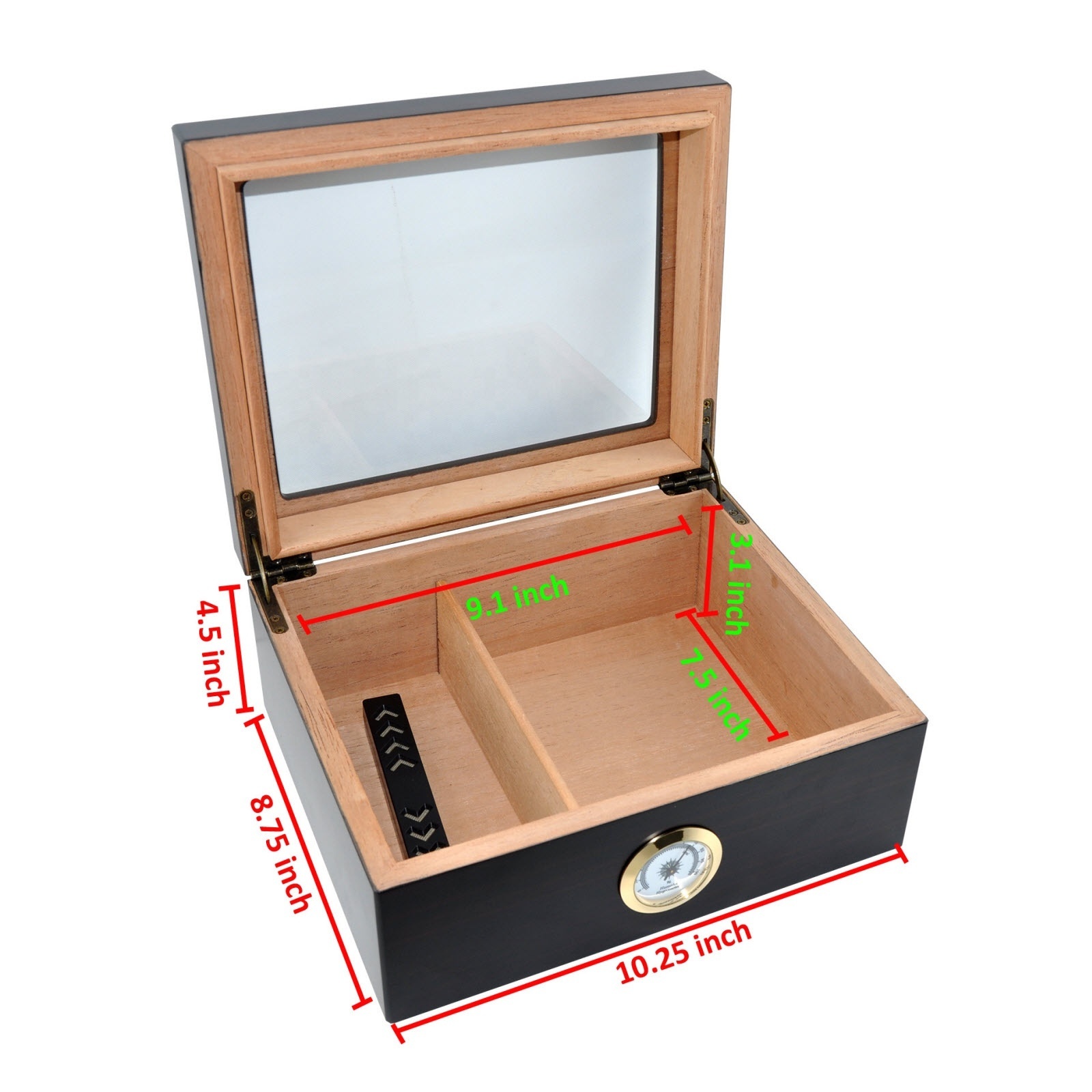 Ebony Cigar humidor with separate humidifier and hygrometer, tempered glass top display handmade wooden storage box