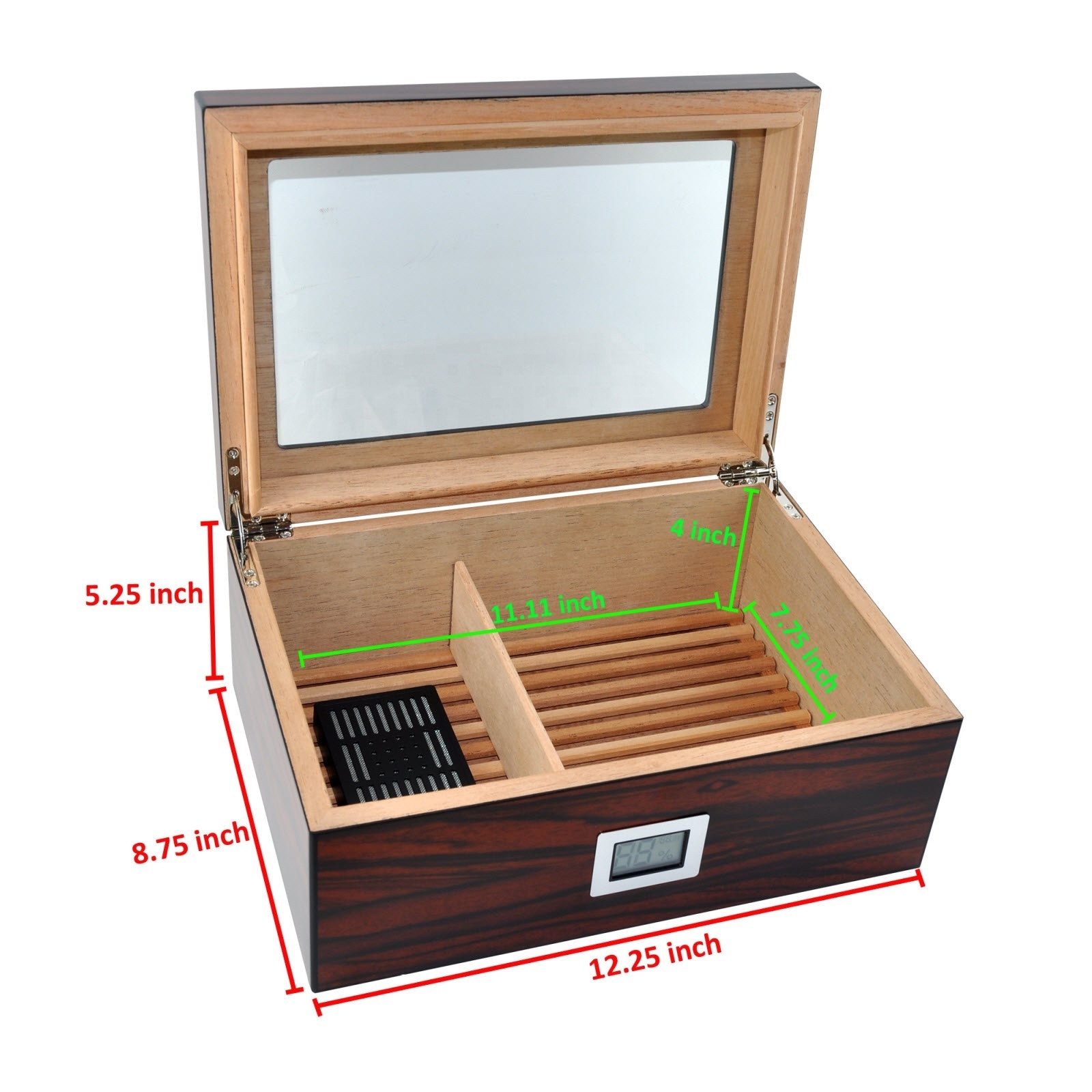 75-100 Count Tempered Glass Top Digital Hygrometer Spanish Cedar Wood  Desktop Macassa Cigar Case Wooden Cigar Humidor