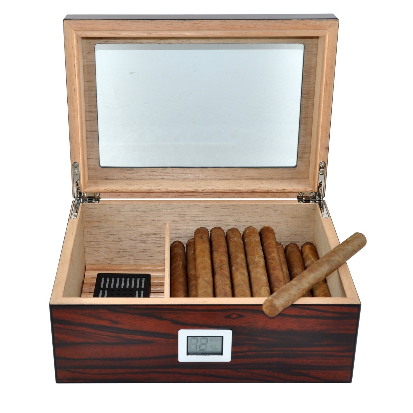 75-100 Count Tempered Glass Top Digital Hygrometer Spanish Cedar Wood  Desktop Macassa Cigar Case Wooden Cigar Humidor