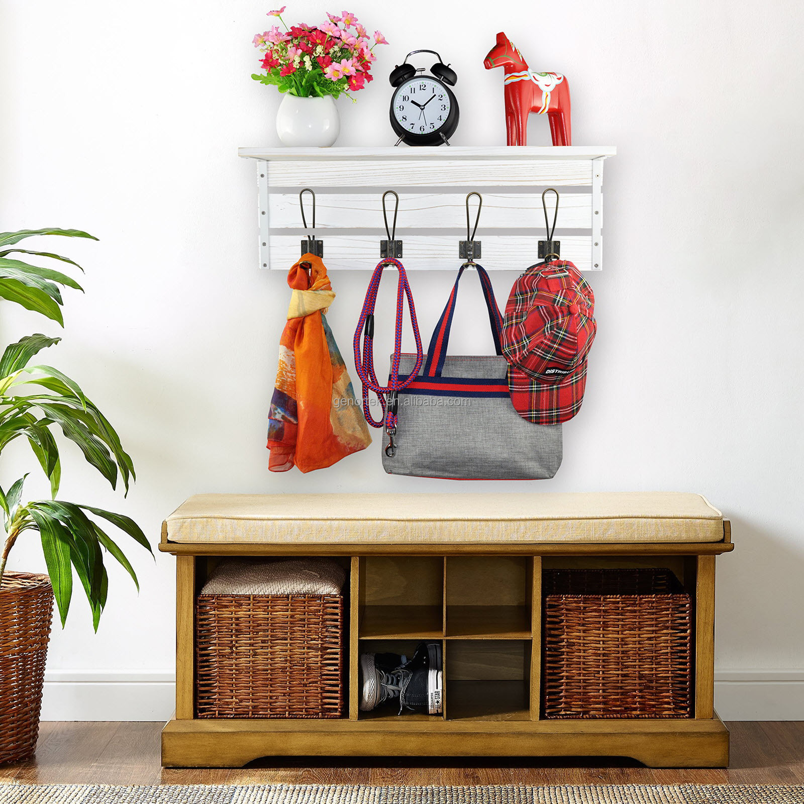 wall mounted solid wood coat rack with shelf and hooks