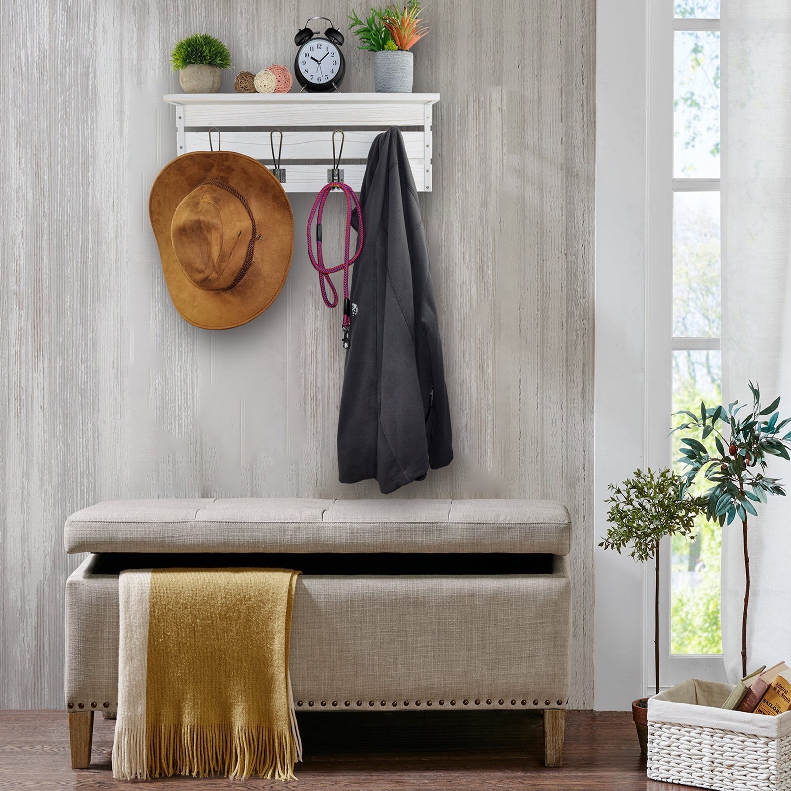 wall mounted solid wood coat rack with shelf and hooks