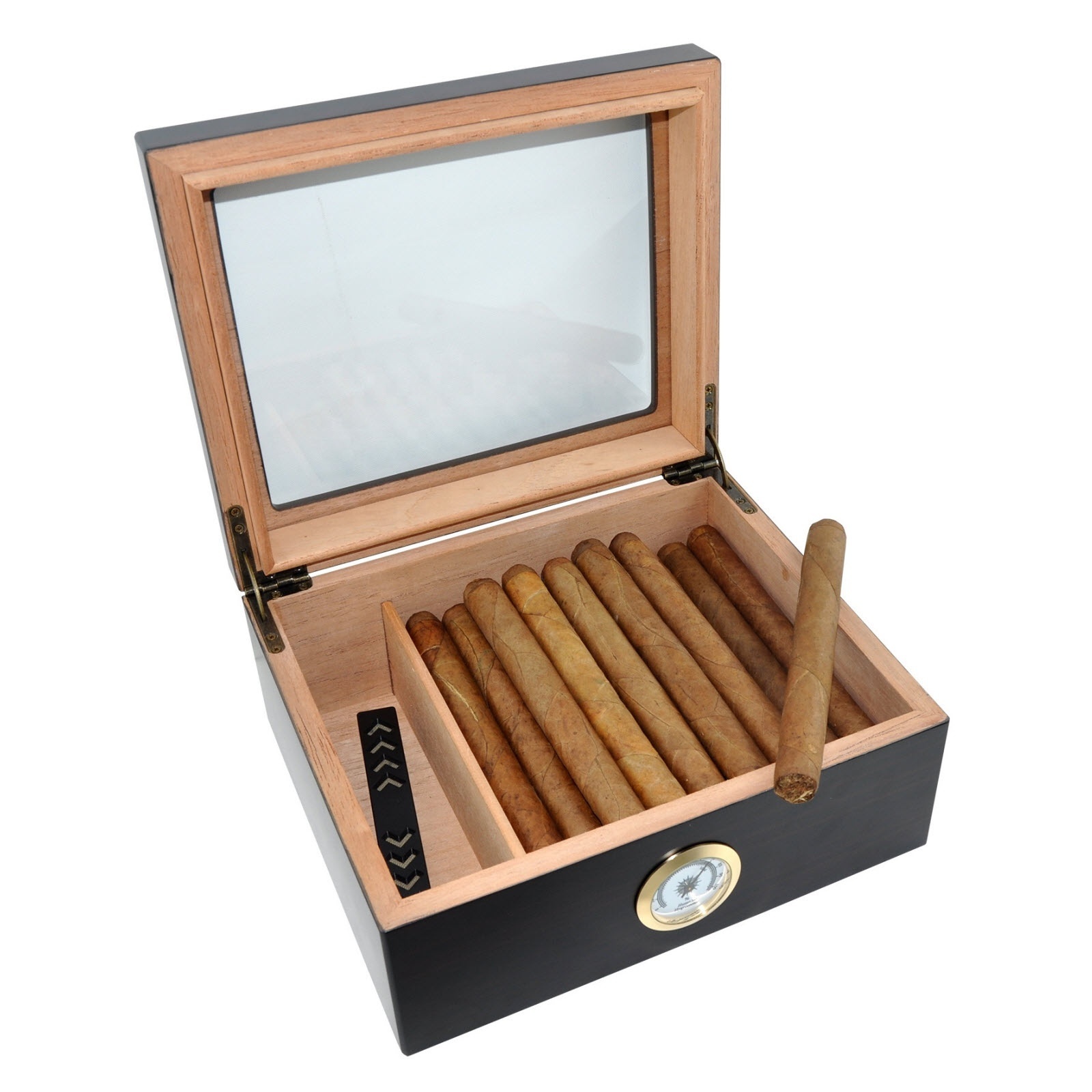 Ebony Cigar humidor with separate humidifier and hygrometer, tempered glass top display handmade wooden storage box