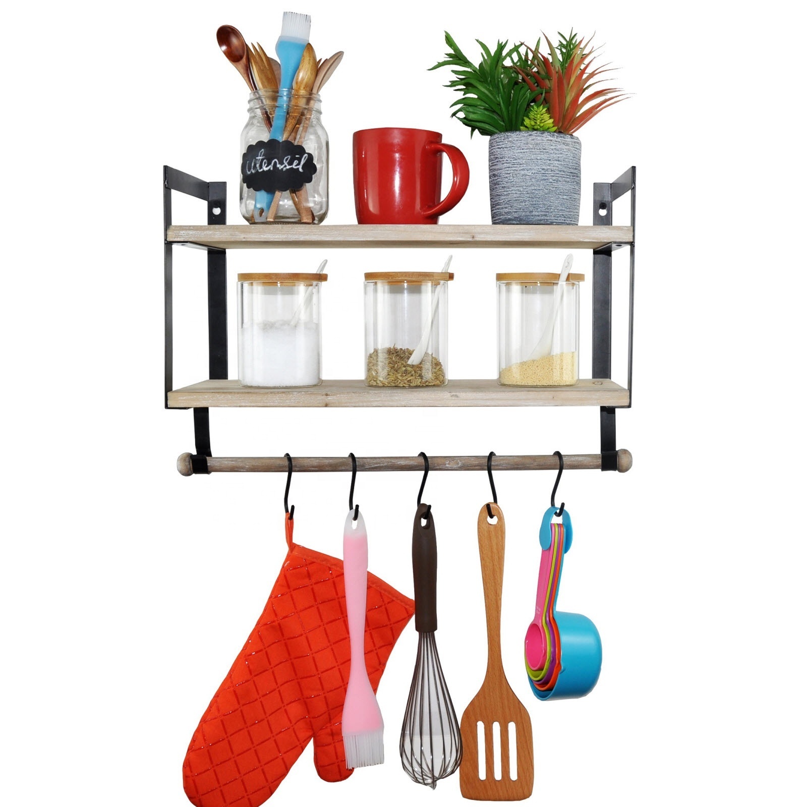 Wall Mounted Rustic Torched Wood 2 Tier Floating Shelf with Metal Bracket,  Removable Towel Rod and S Hooks